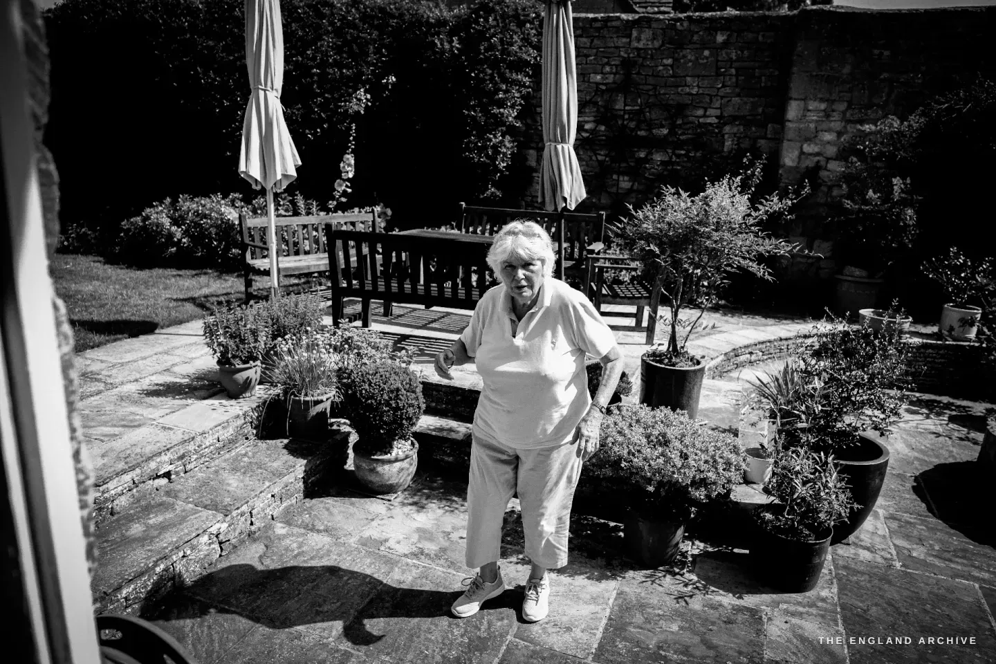 Carol on the flagstone terrace behind her house, a hand resting on a clipped box shrub among potted lavender and olive.