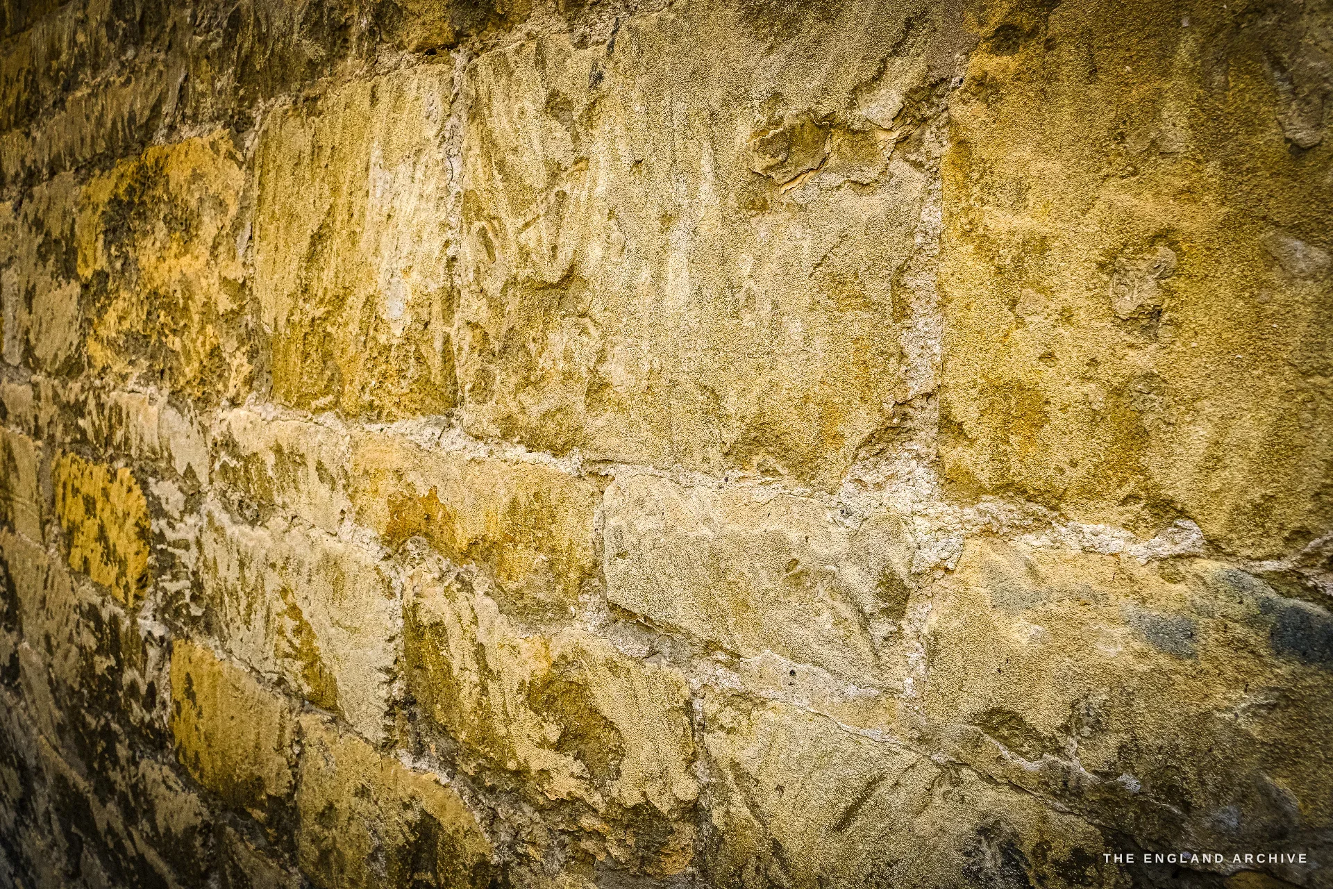 A close study of a weathered honey-coloured limestone wall, the courses and the grain of the stone filling the frame.