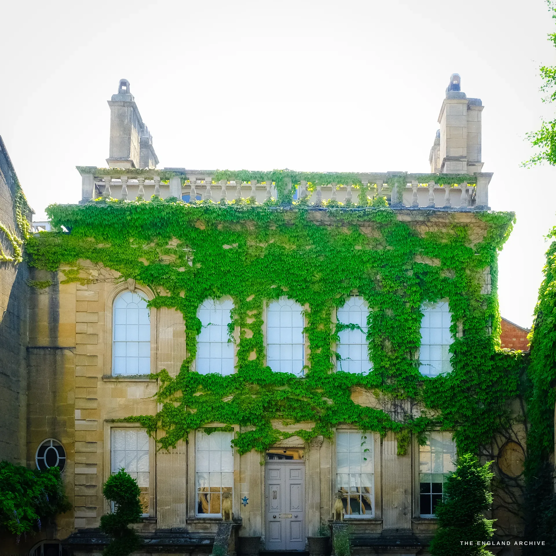 A grand classical stone townhouse clad in Boston ivy, with tall sash windows, a balustraded parapet, two large chimneys and a pale six-panel front door.
