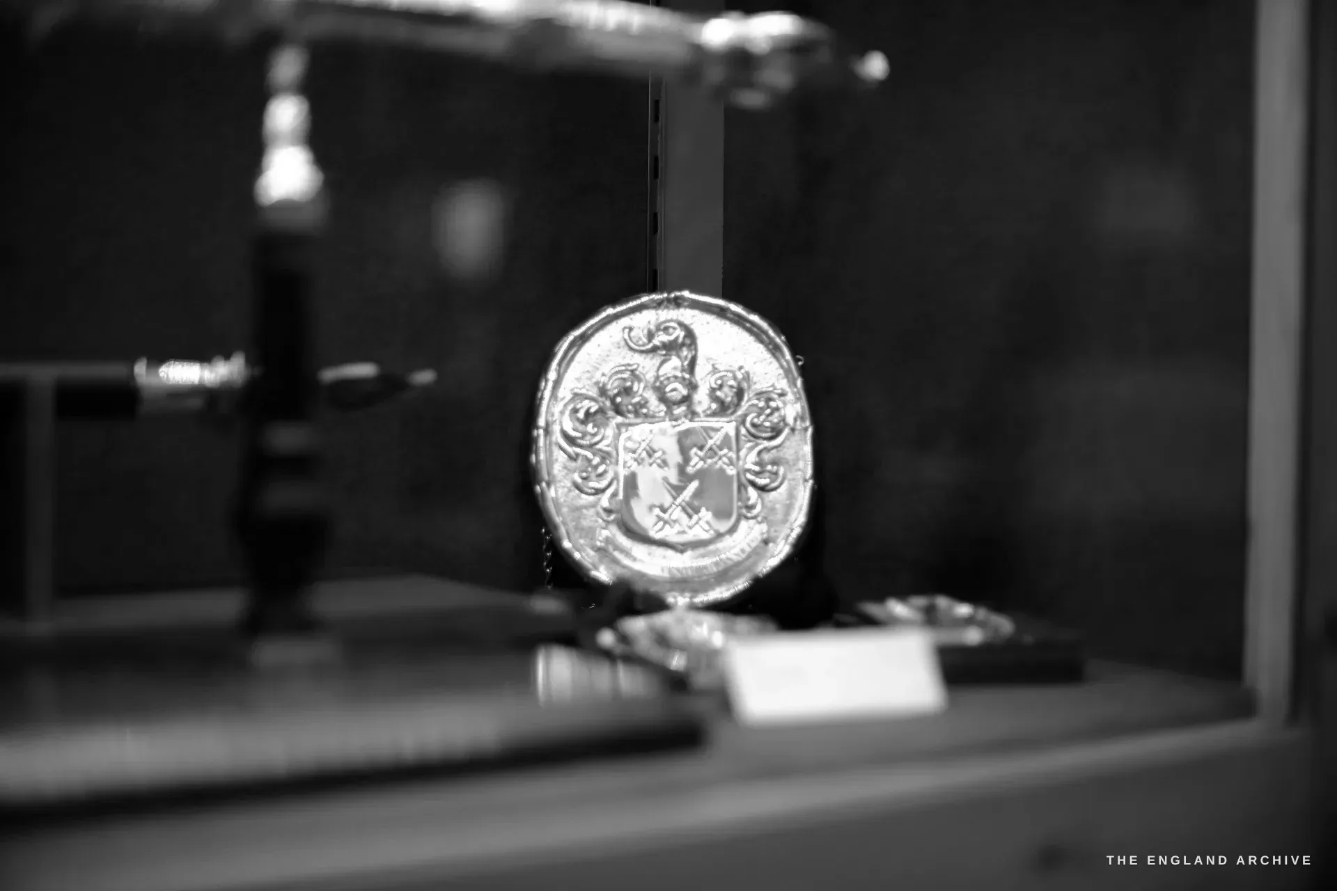 A silver badge bearing the Company's arms hanging in a display case, a ceremonial sword behind it on green baize.