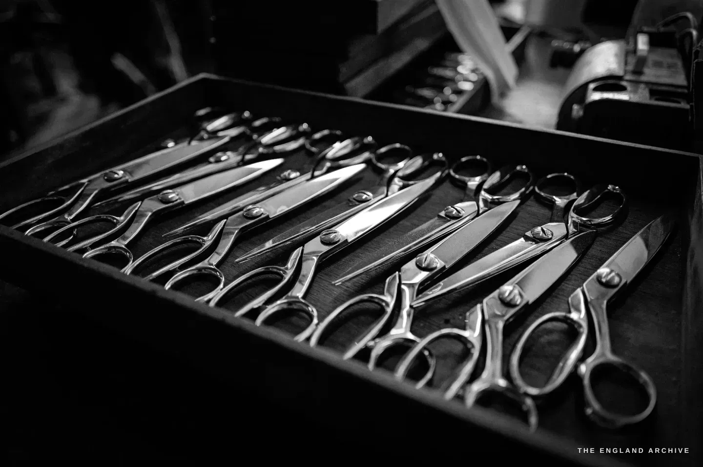 A tray of finished bright scissors and shears laid in rows, handles and blades polished to a shine.