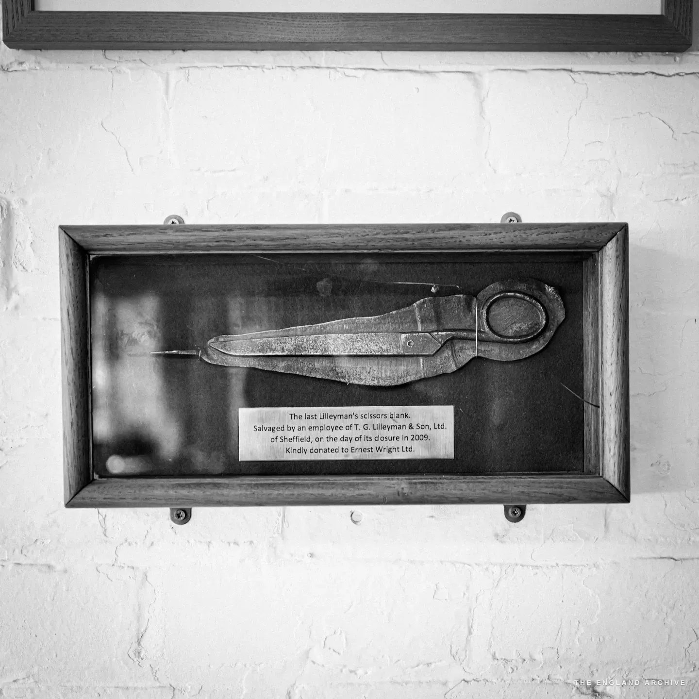 A single scissor blank in a glazed wooden frame on a whitewashed brick wall, with a typed card recording that it is the last blank from T. G. Lilleyman & Son, Ltd., salvaged by an employee on the day that firm closed in 2009 and donated to Ernest Wright.