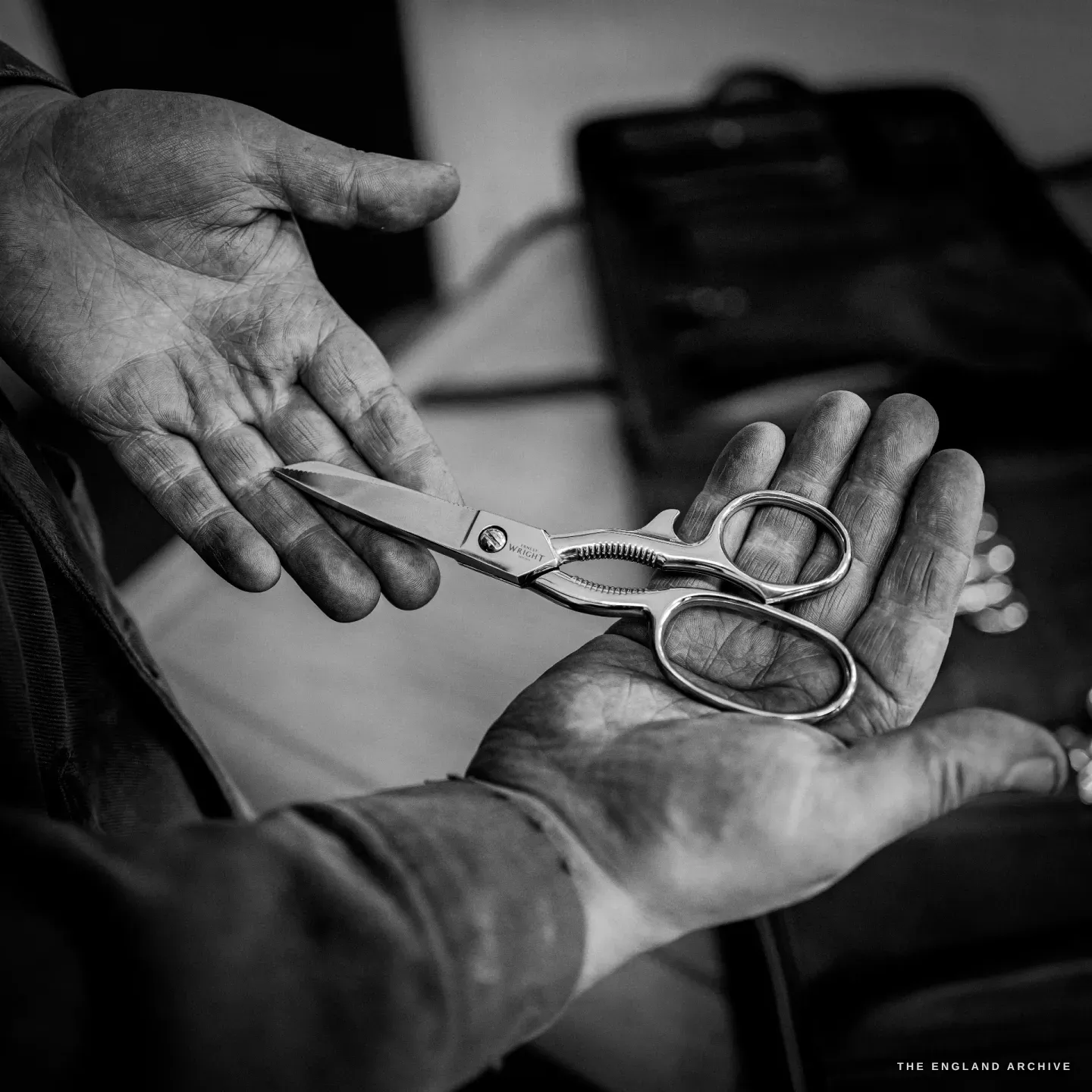 A pair of all-purpose kitchen scissors in a maker's hands, with a serrated cracker section and a bottle-opener cut into the bow, etched WRIGHT.