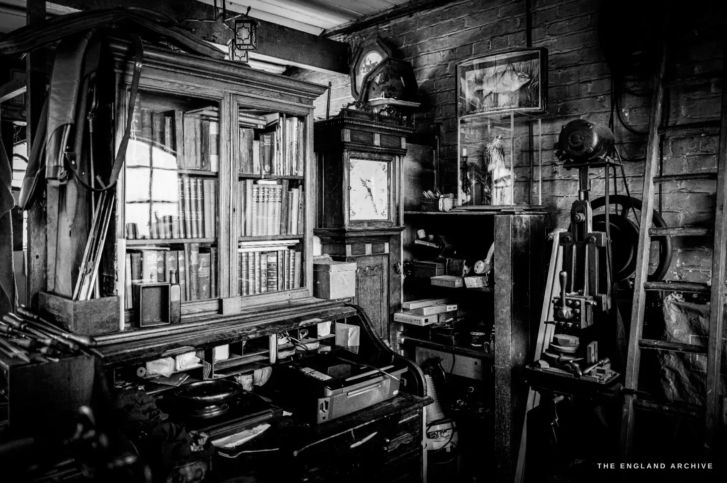 A corner with a glazed oak bookcase full of old gun and shooting books, leather gun slips hung over it, a longcase clock, a roll-top desk and cased taxidermy on the wall.