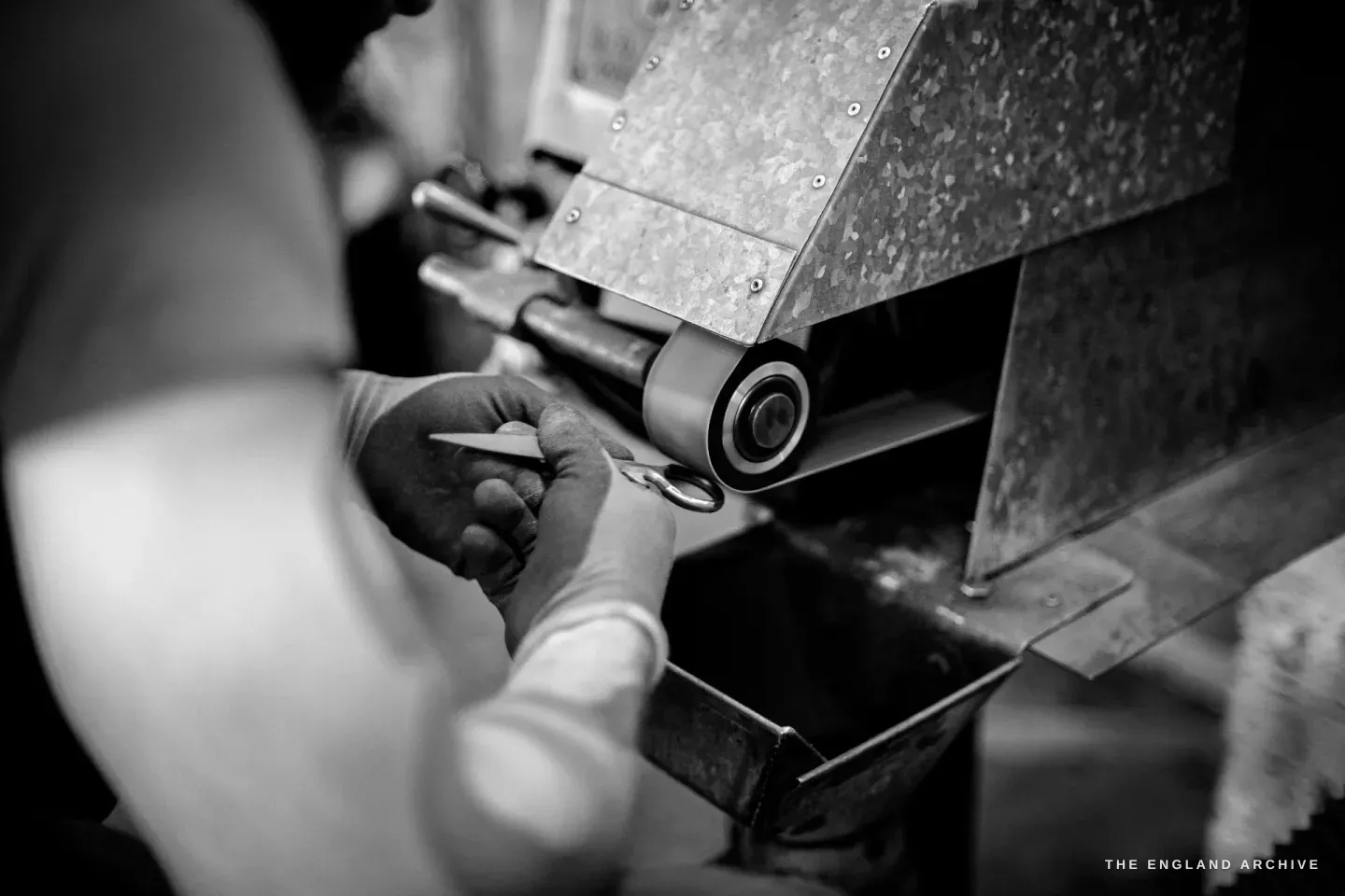 A close view of two gloved hands holding a scissor blade against the contact roller of a belt-grinding machine.
