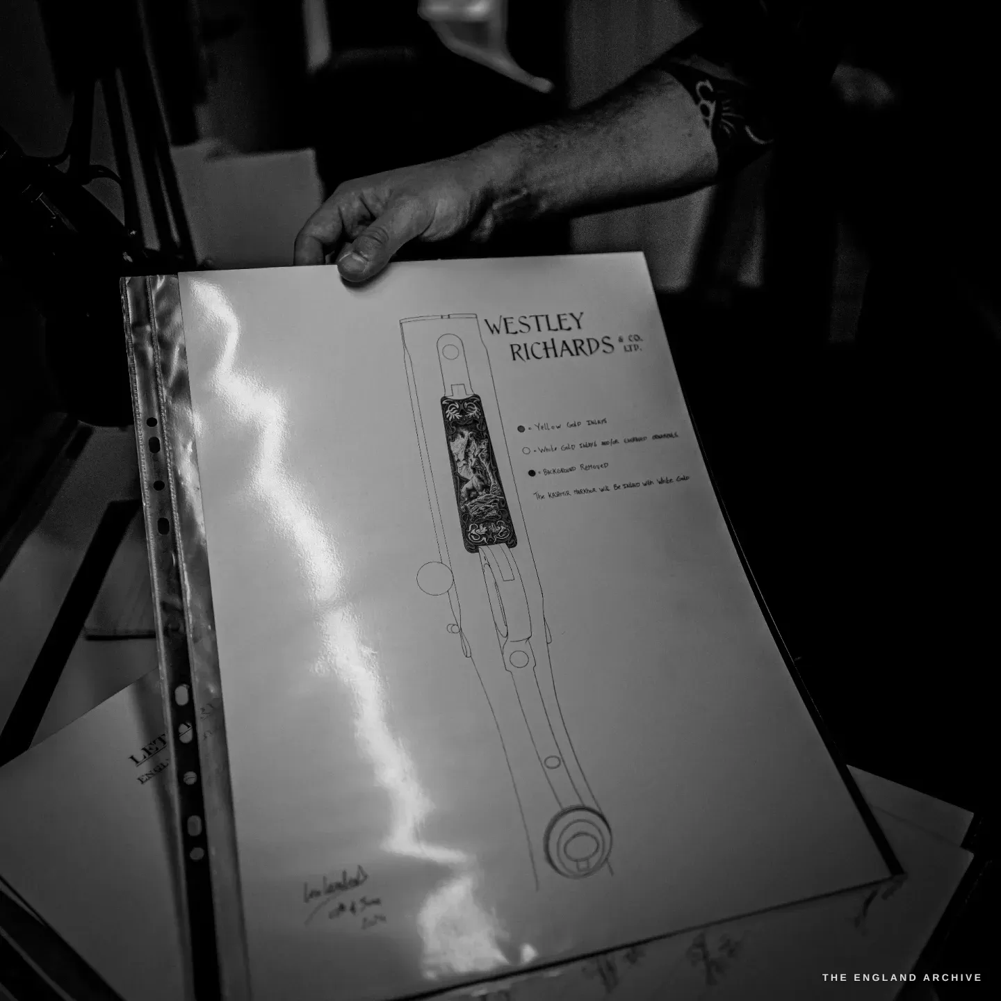 A design sheet headed WESTLEY RICHARDS & Co Ltd showing a measured engraving layout for a gun component, with annotations and a signature.