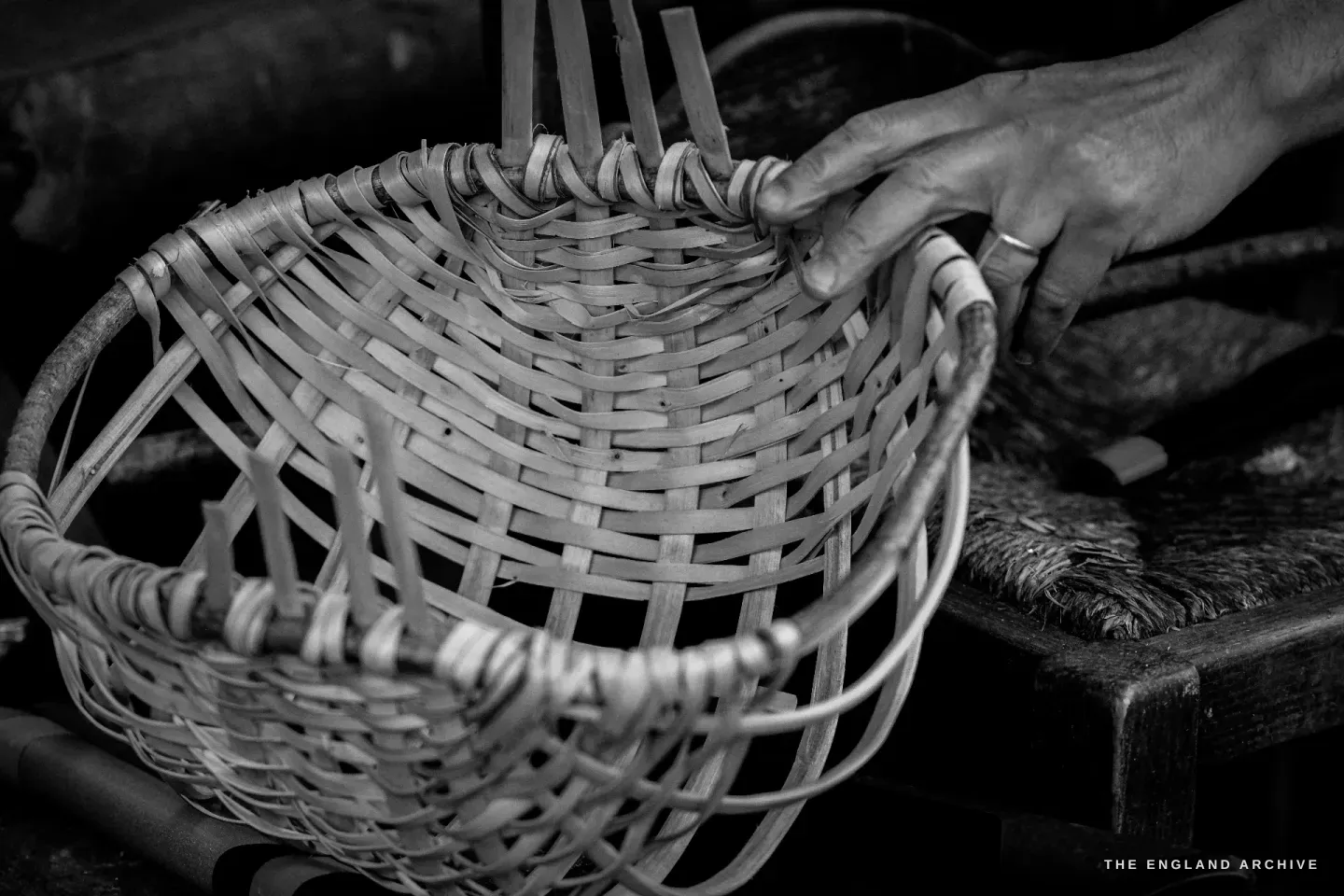 A Whisket basket viewed from a low angle, the radiating splints of the base visible through the open weave above, the rim wrapped tight.