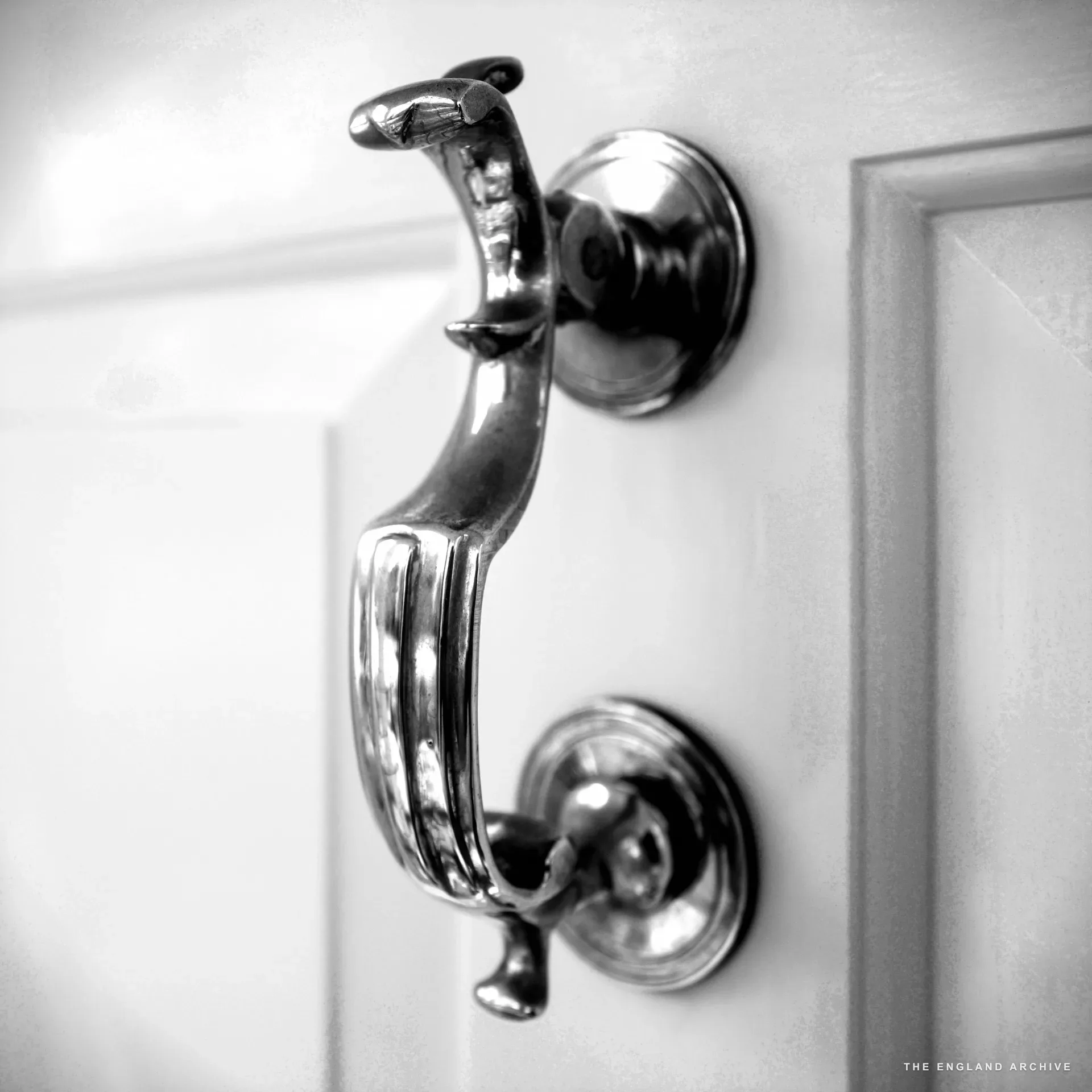 An extreme close-up of the ornate brass Georgian door knocker on the white-painted door.