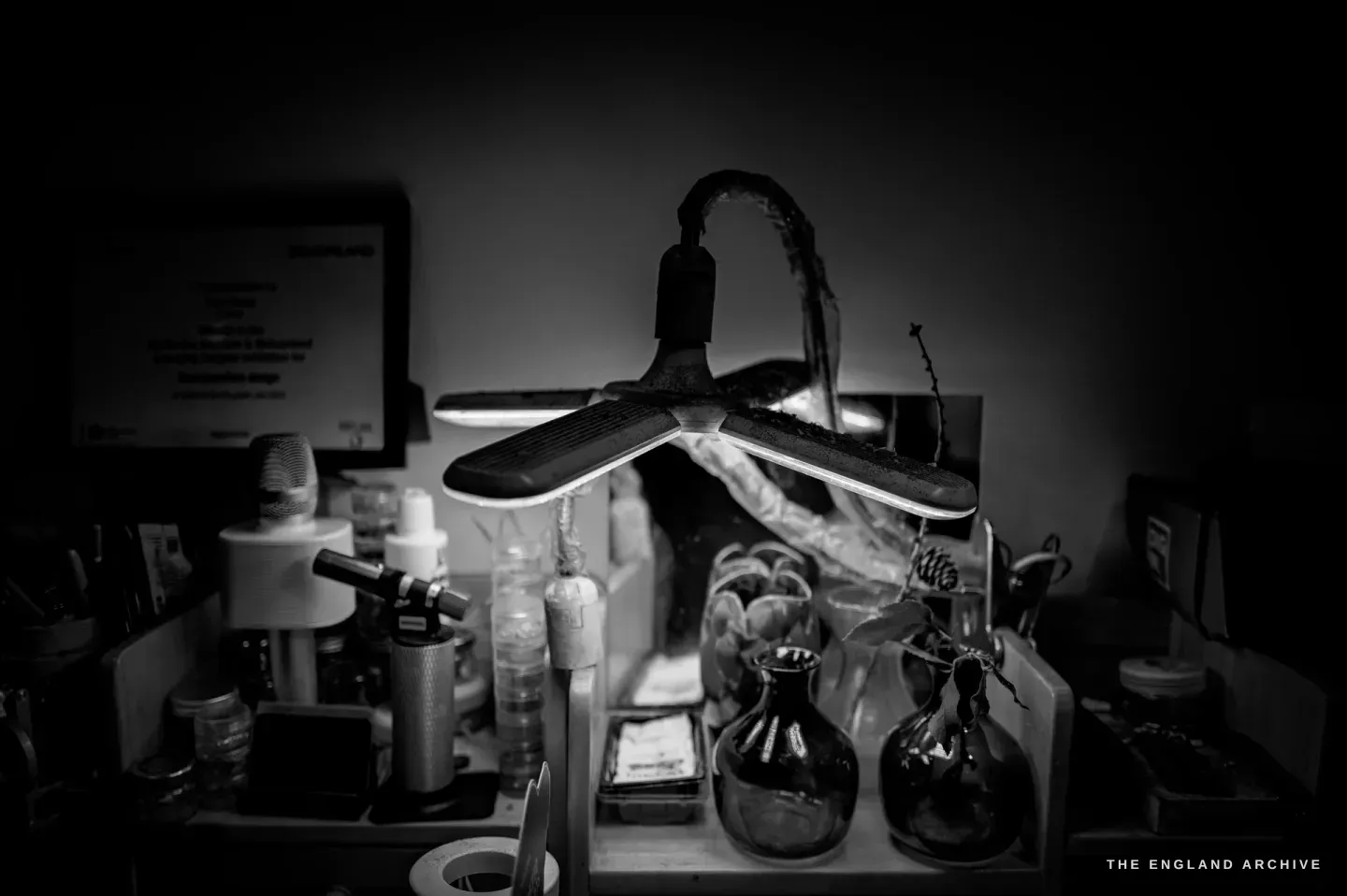 The anglepoise daylight lamp seen head-on over the bench shelf, with a butane torch, spray bottles, jars and dark glass vases.
