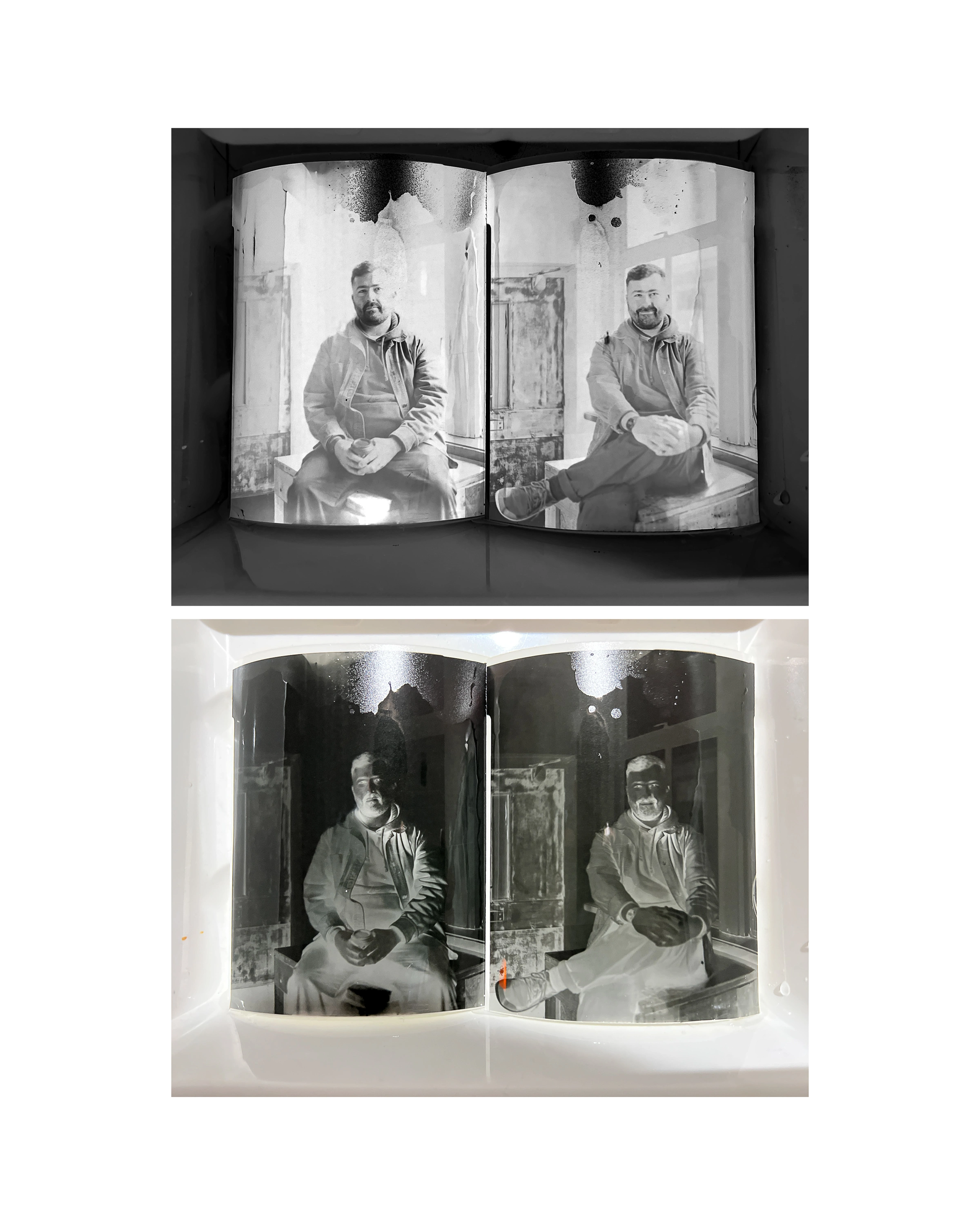 Book spread showing two large format portraits side by side - negative and positive, dark and light reversed, demonstrating how the paper captures the image