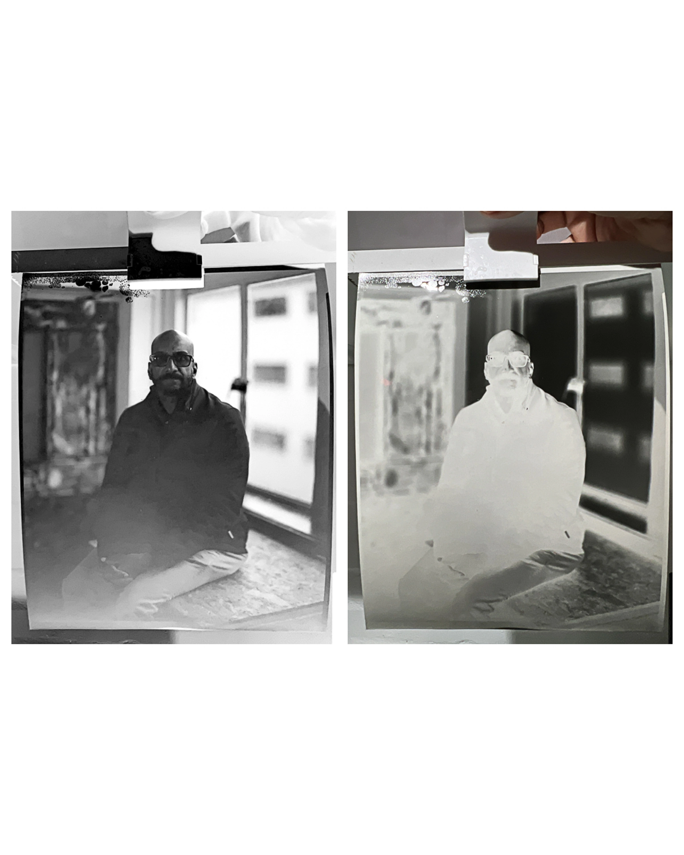 A film negative alongside its positive print - the same backlit portrait with tones inverted