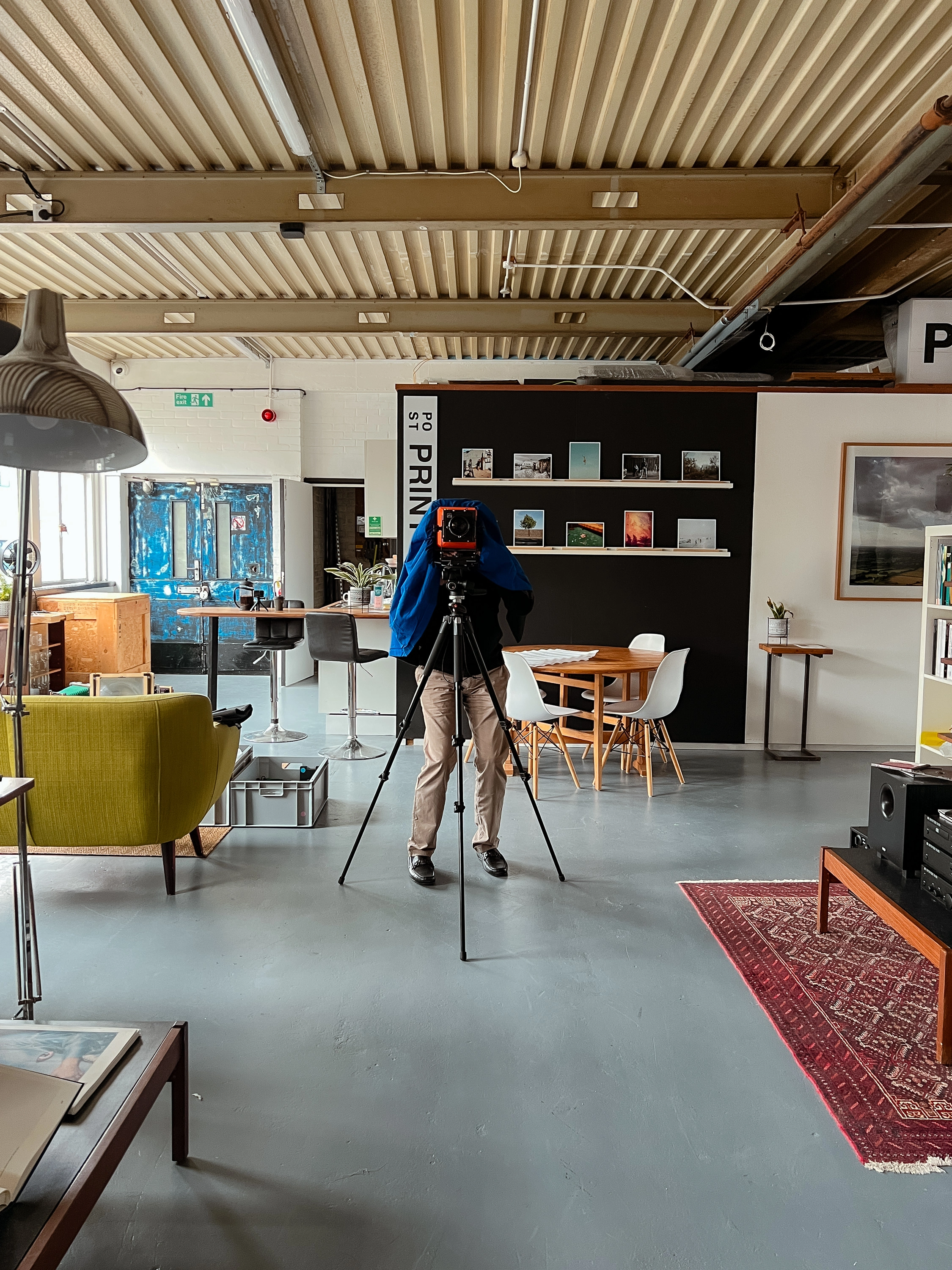 The training space at the POST in Hove - large format camera on tripod, print club signage, and the studio environment where the day was spent