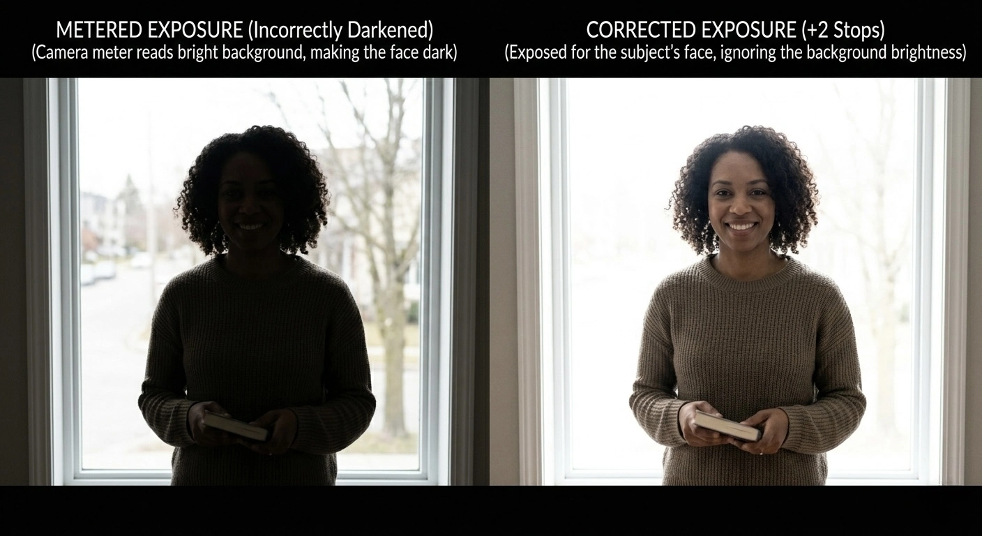 Backlit portrait comparison: metered exposure makes the face a silhouette (left) vs corrected exposure properly lights the face (right)
