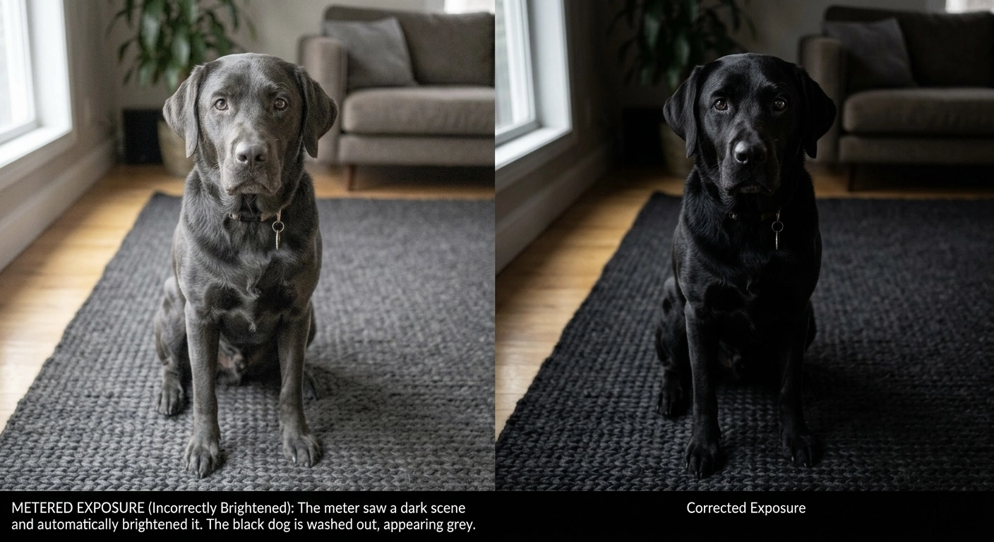Black dog comparison: metered exposure renders the dog grey and washed out (left) vs corrected exposure renders it properly black (right)