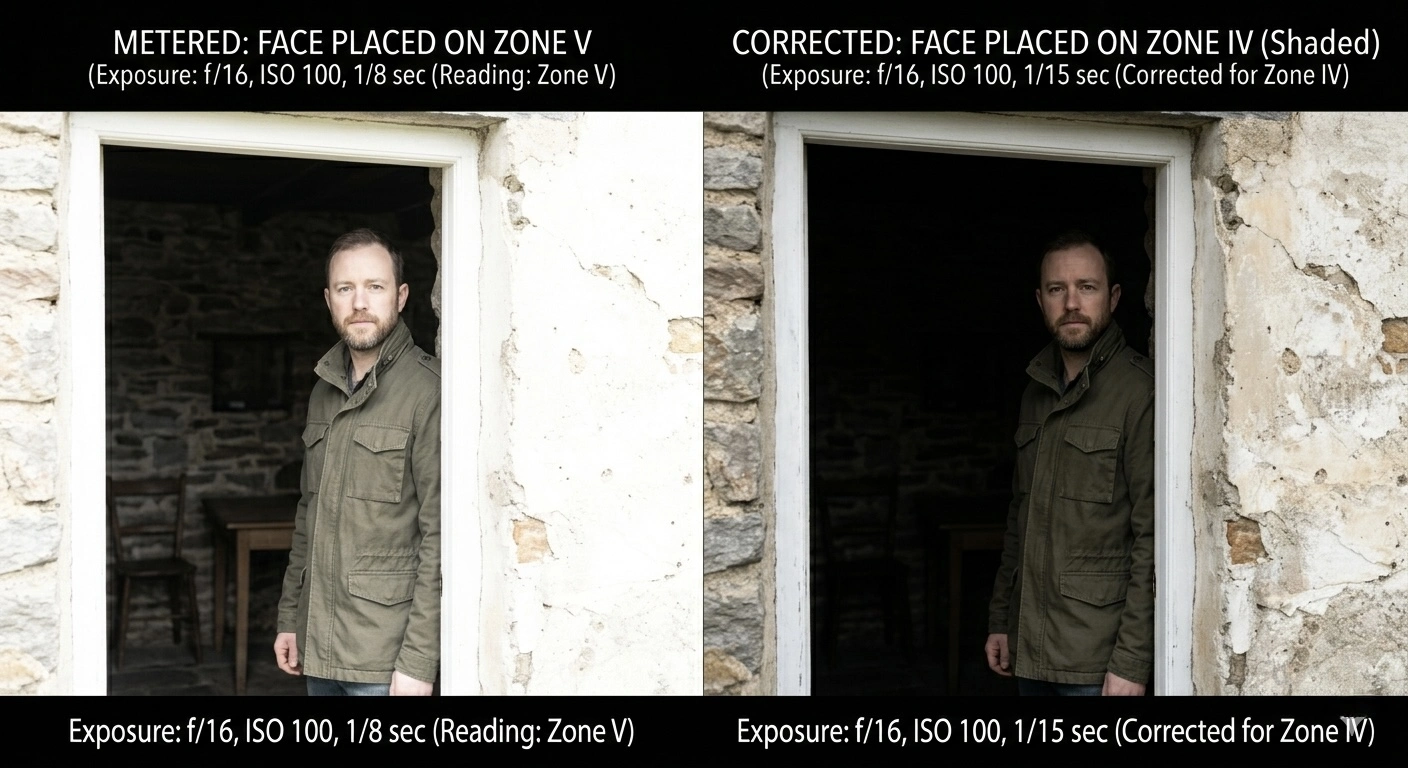 Figure in doorway comparison: face placed on Zone V appears too bright (left) vs face placed on Zone IV appears naturally shaded with full detail (right)