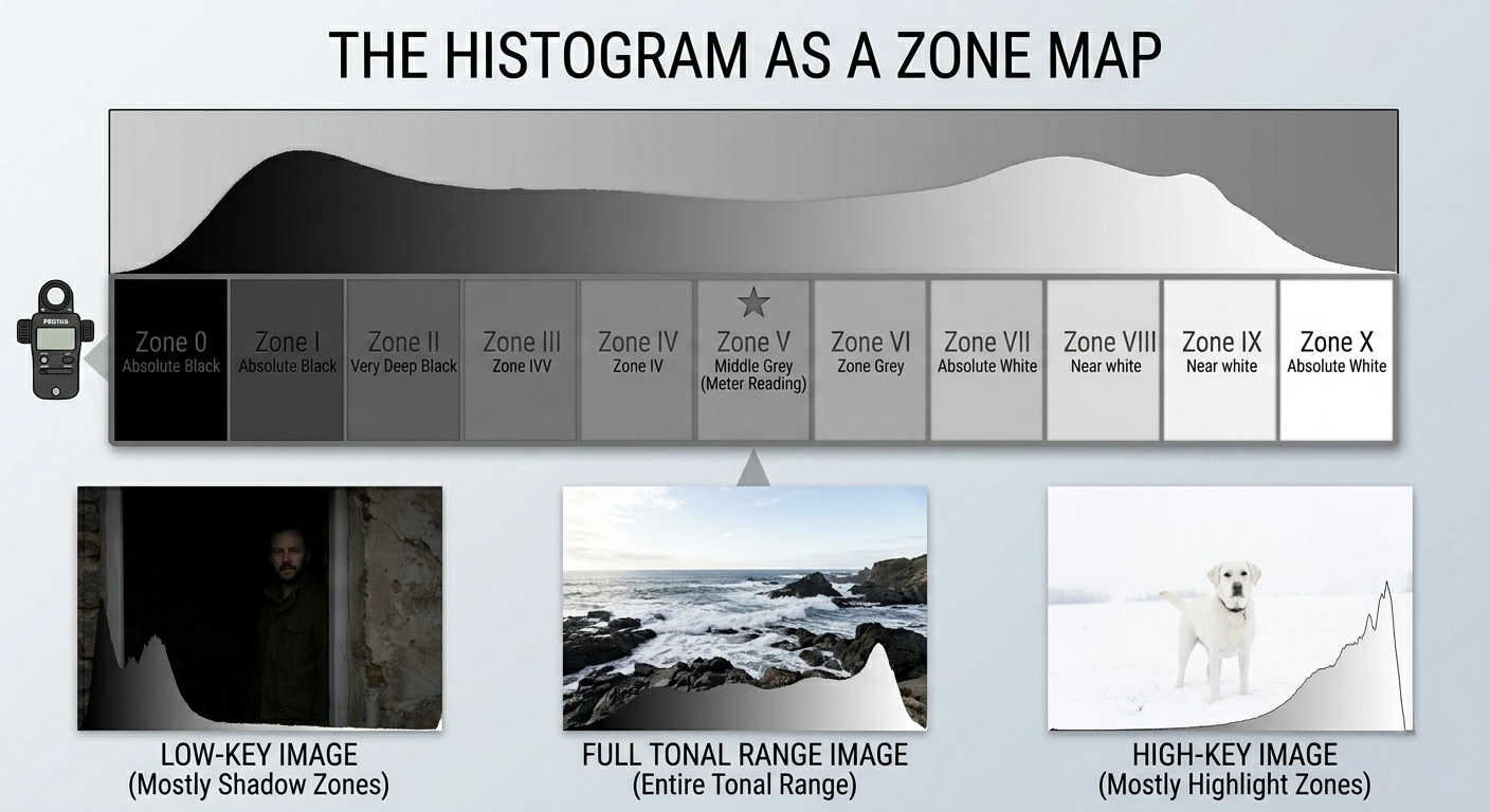 Diagram showing a histogram mapped to the eleven zones, with low-key, full-range, and high-key example images below