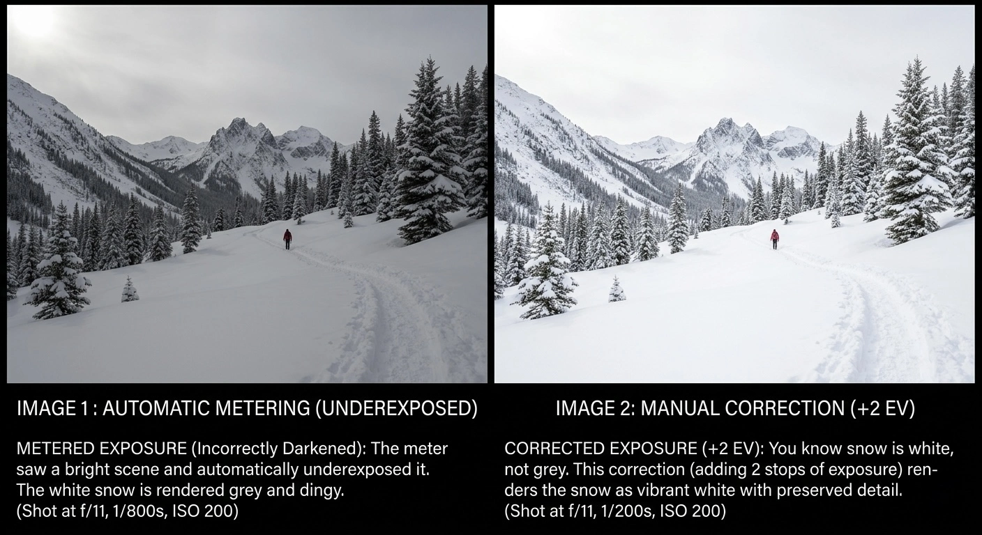 Snow scene comparison: automatic metering renders snow as grey (left) vs manual +2EV correction renders snow as white with detail (right)