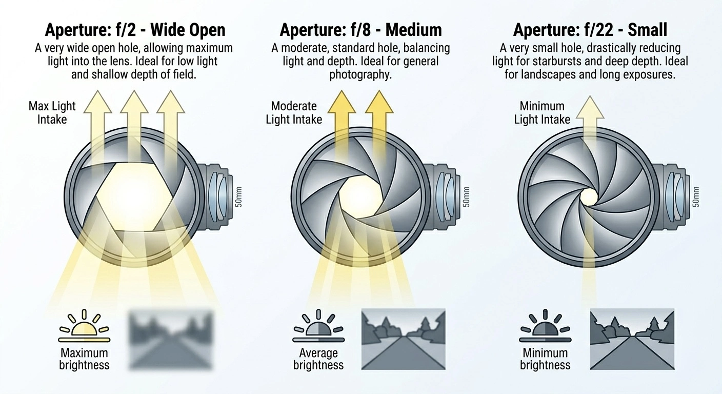 Three aperture settings compared: f/2 wide open with maximum light, f/8 medium with moderate light, f/22 small with minimum light.