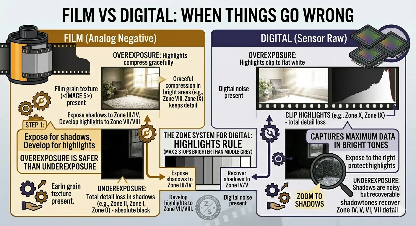 Film vs Digital when things go wrong: film overexposure compresses highlights gracefully while digital clips to flat white. Film underexposure loses shadow detail completely while digital shadows are noisy but recoverable.