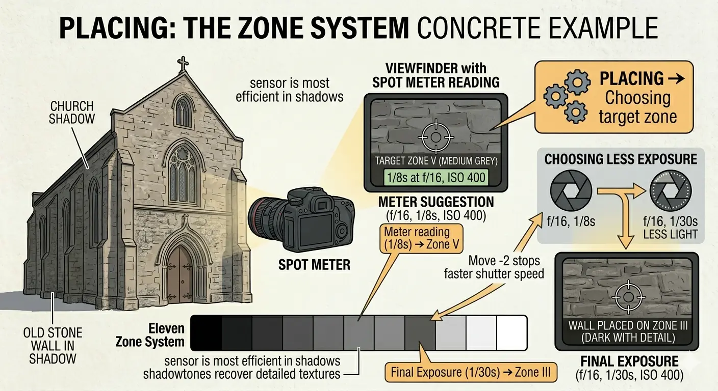 Placing: a concrete Zone System example. Spot metering a church stone wall in shadow, choosing to place it on Zone III (dark with detail) by moving two stops faster from the meter reading.