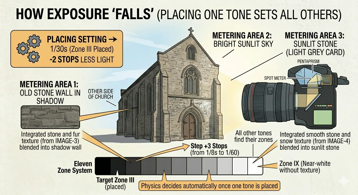 How exposure falls: once you place one tone (Zone III for the shadow wall), all other tones find their zones automatically. The bright sky falls on Zone IX, the sunlit stone falls on Zone VI.