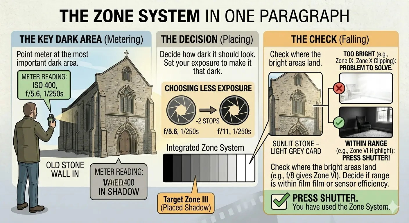 The Zone System in one paragraph: meter the key dark area, decide how dark it should look (placing), then check where the bright areas land (falling). If within range, press the shutter.