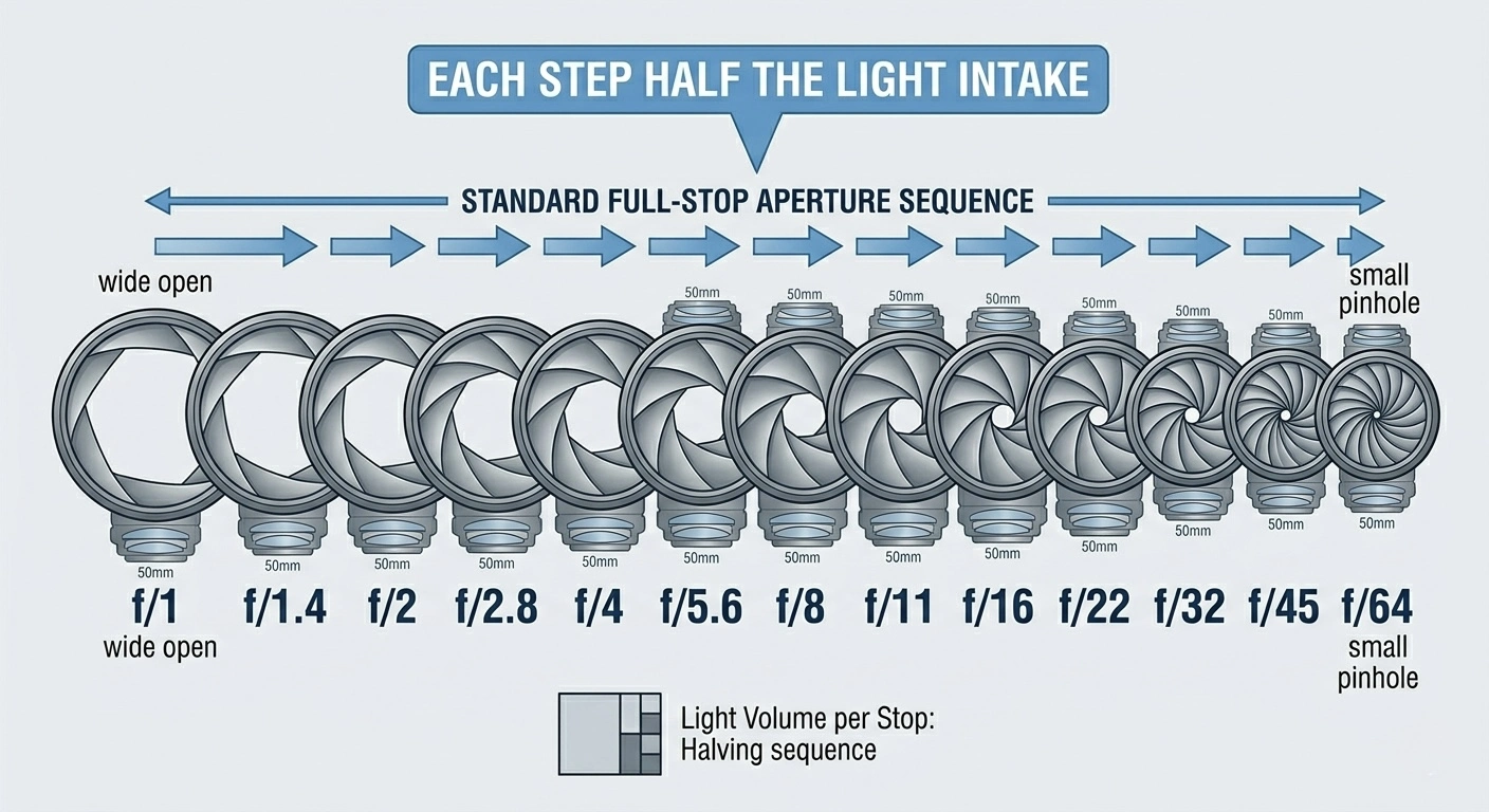 Standard full-stop aperture sequence from f/1 to f/64, showing each step halves the light intake.