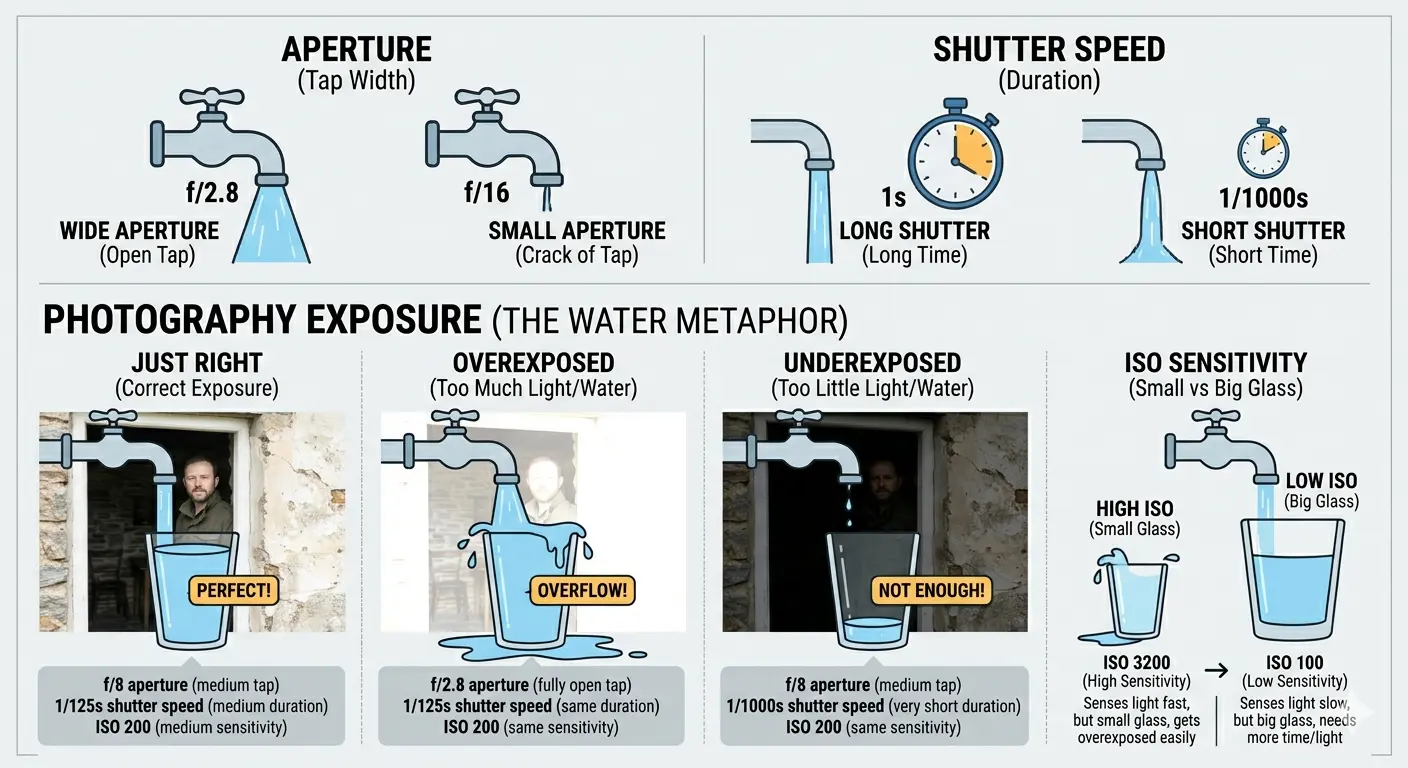 The water metaphor for photography exposure: aperture is the tap width, shutter speed is the duration, ISO is the glass size. Shows correct exposure, overexposed, underexposed examples.