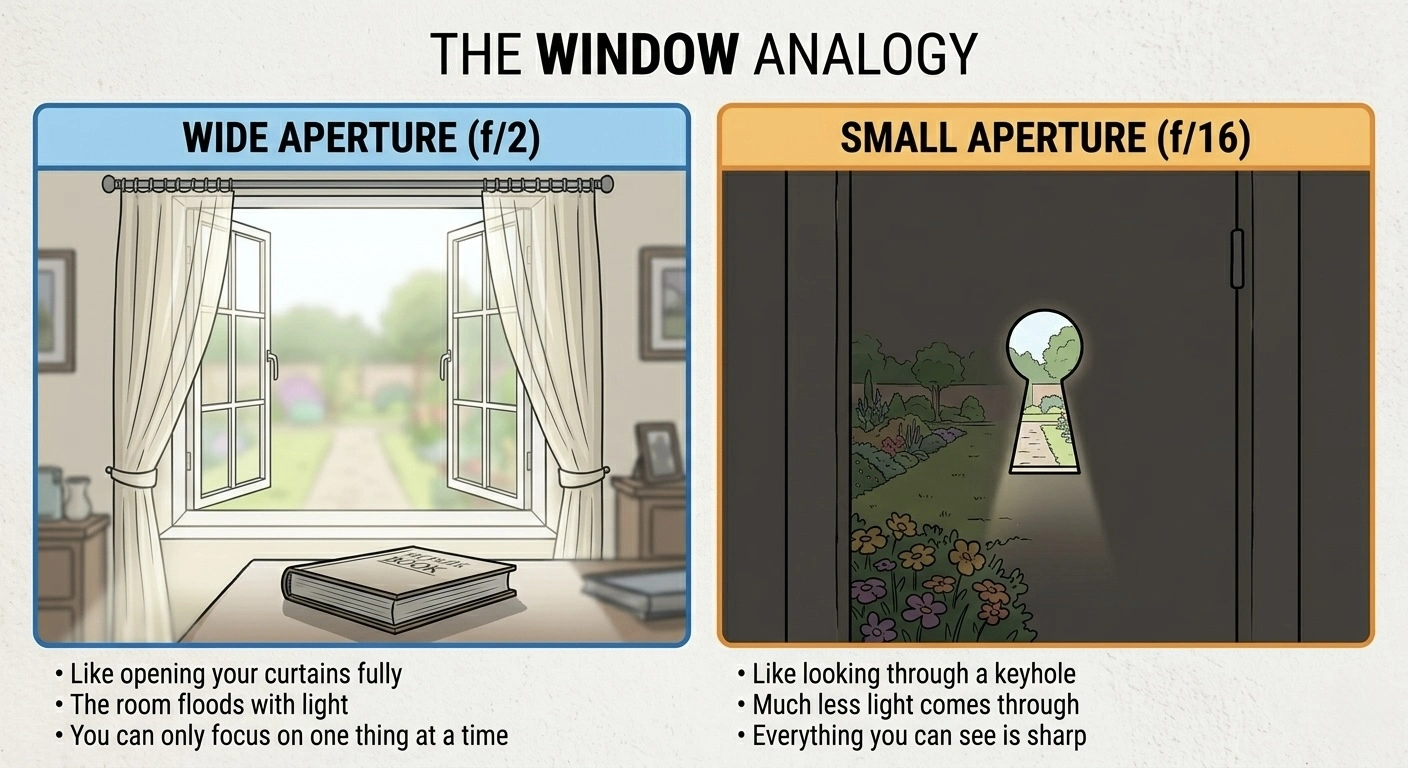 The window analogy: wide aperture f/2 is like opening curtains fully with shallow focus, small aperture f/16 is like looking through a keyhole with deep focus.