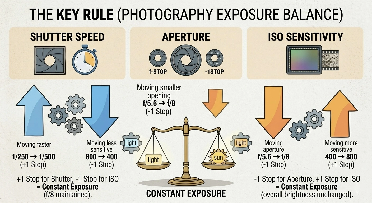 The key rule of photography exposure balance: shutter speed, aperture and ISO are interchangeable. Changing one by one stop requires compensating with another to maintain constant exposure.