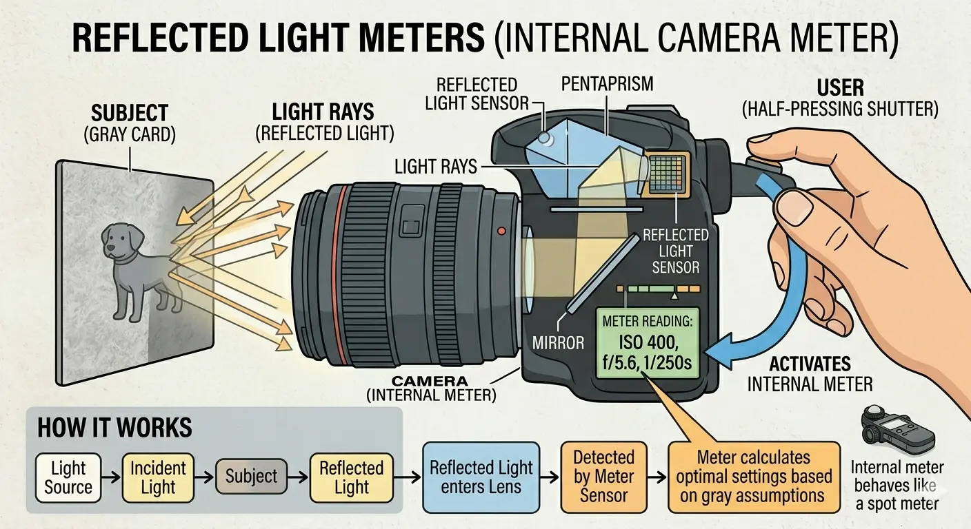 Diagram showing how a reflected light meter works inside a camera: light rays bounce off the subject, enter the lens, reflect off the mirror to the sensor which calculates exposure settings.