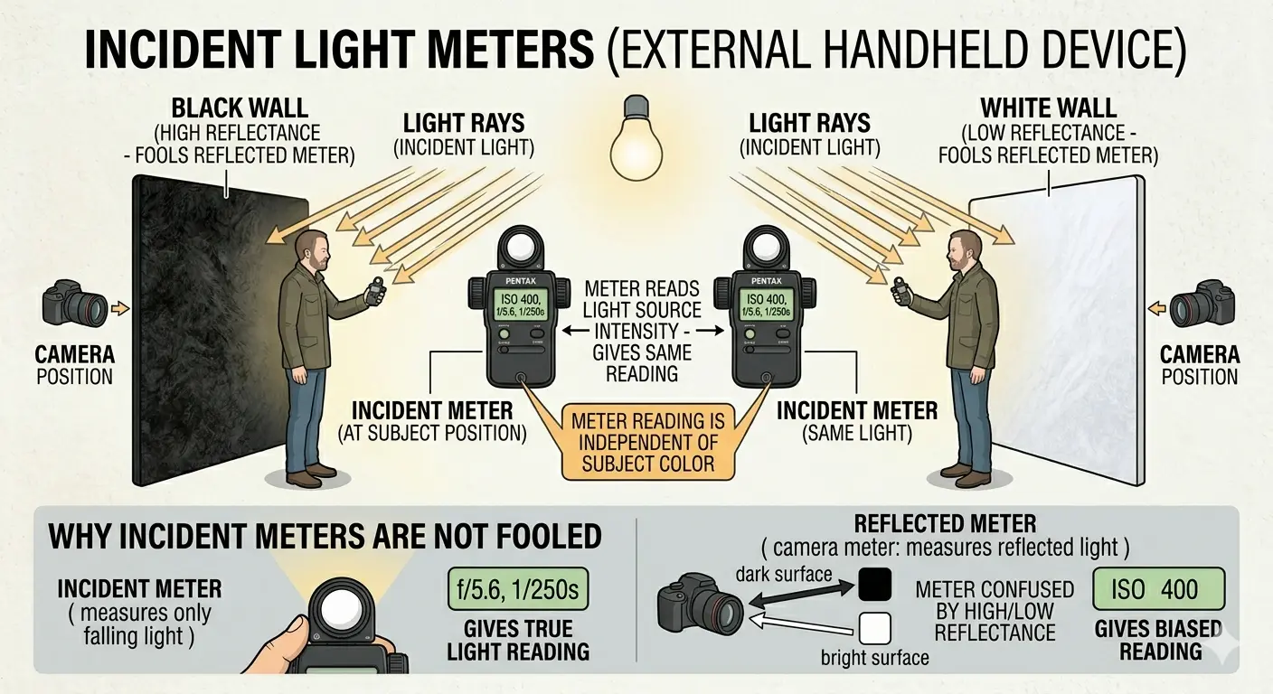 Diagram showing how incident light meters work: they measure light falling on the subject, giving the same reading regardless of subject colour, unlike reflected meters which are fooled by dark or light surfaces.