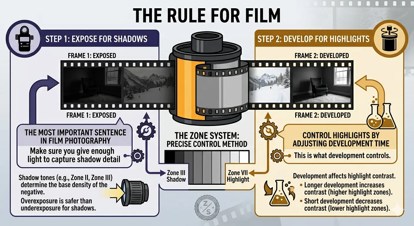 The rule for film photography: Step 1 expose for shadows to capture shadow detail, Step 2 develop for highlights by adjusting development time to control contrast.