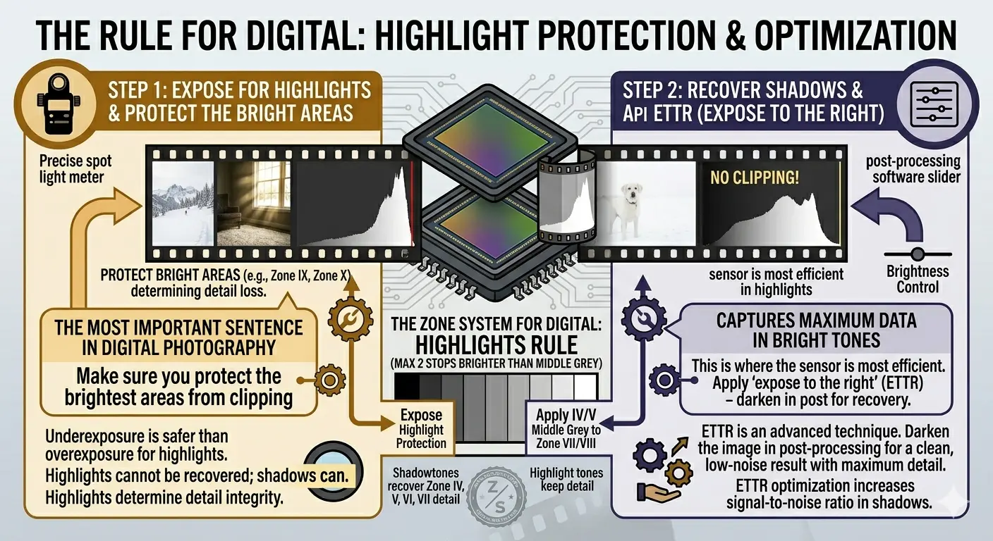 The rule for digital photography: Step 1 expose for highlights and protect bright areas from clipping, Step 2 recover shadows using expose-to-the-right technique for maximum data capture.